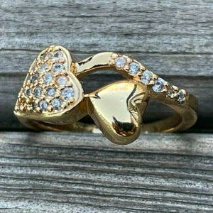 Women Ring Gold Tone Double Heart Crystals Accent Fashion Jewelry Rings Size 8